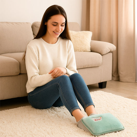 bouillotte électrique utilisée par une fille très heureuse
