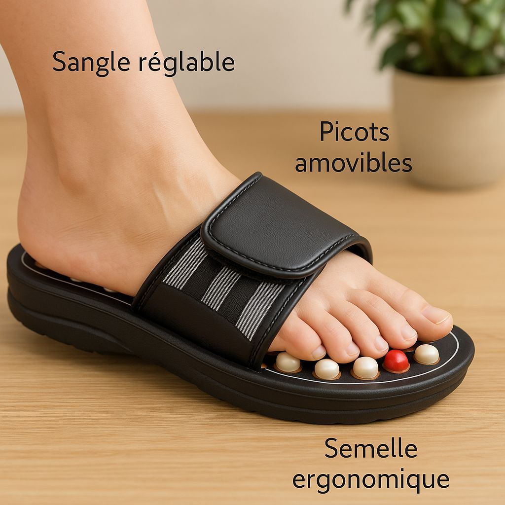 un pied portant une sandale de massage réflexologie
