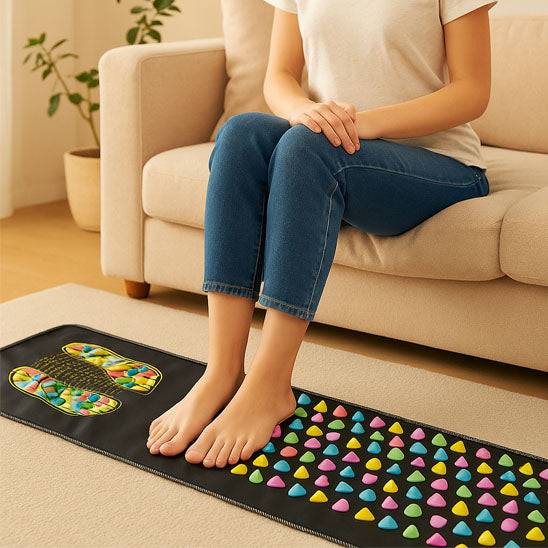 tapis d'acupression très beau sous les pieds d'une fille