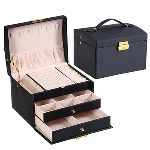 Coffret à bijoux 3 niveaux en cuir avec serrure – grand rangement sécurisé